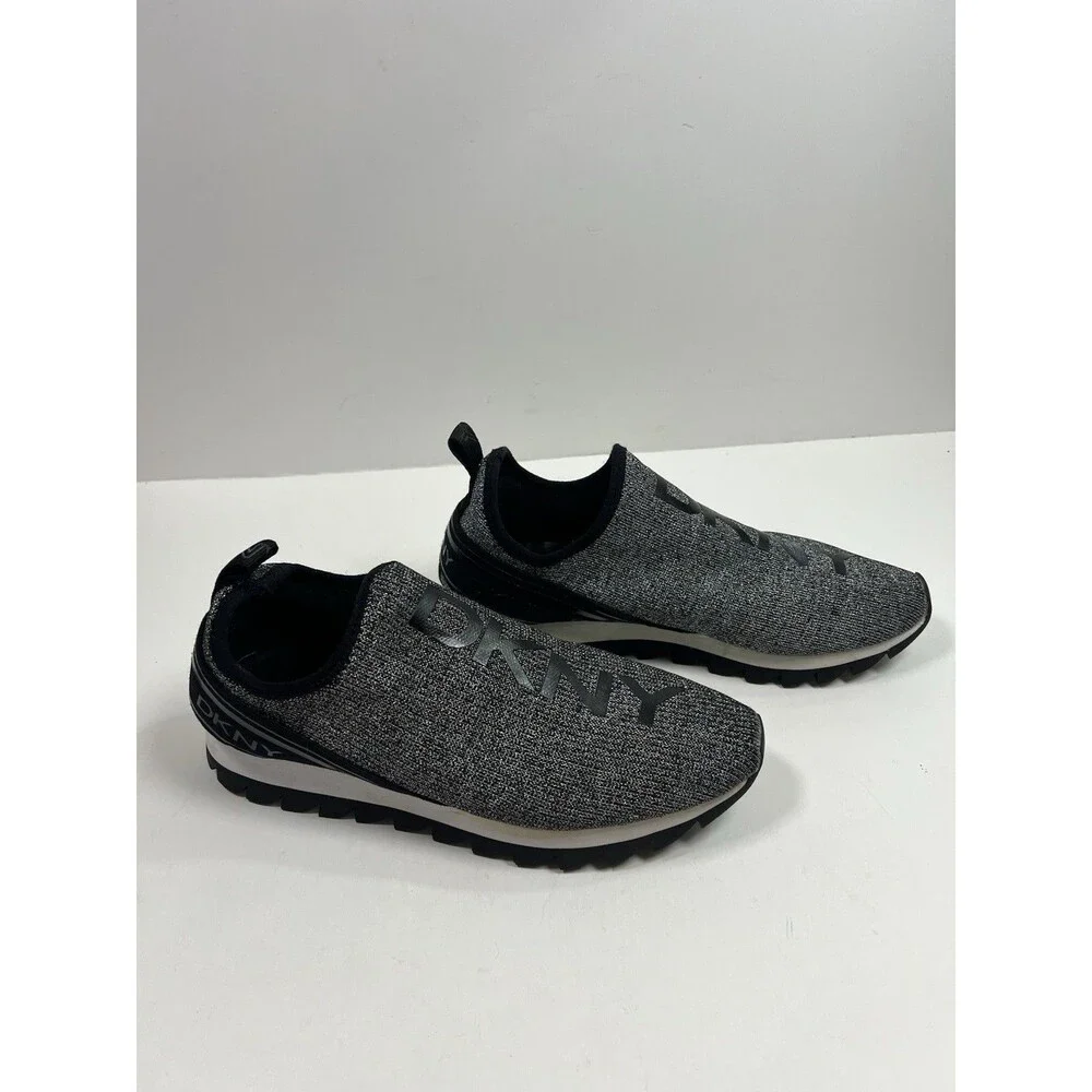 DKNY ABBI  Slip On Athletic Comfort Knit Shoes Silver/ Black Logo Sneakers Sz 9